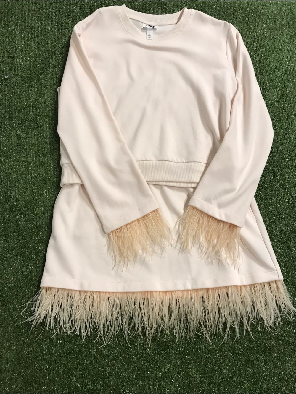 Feather-Trim Cream Skirt Set with Long-Sleeve Top